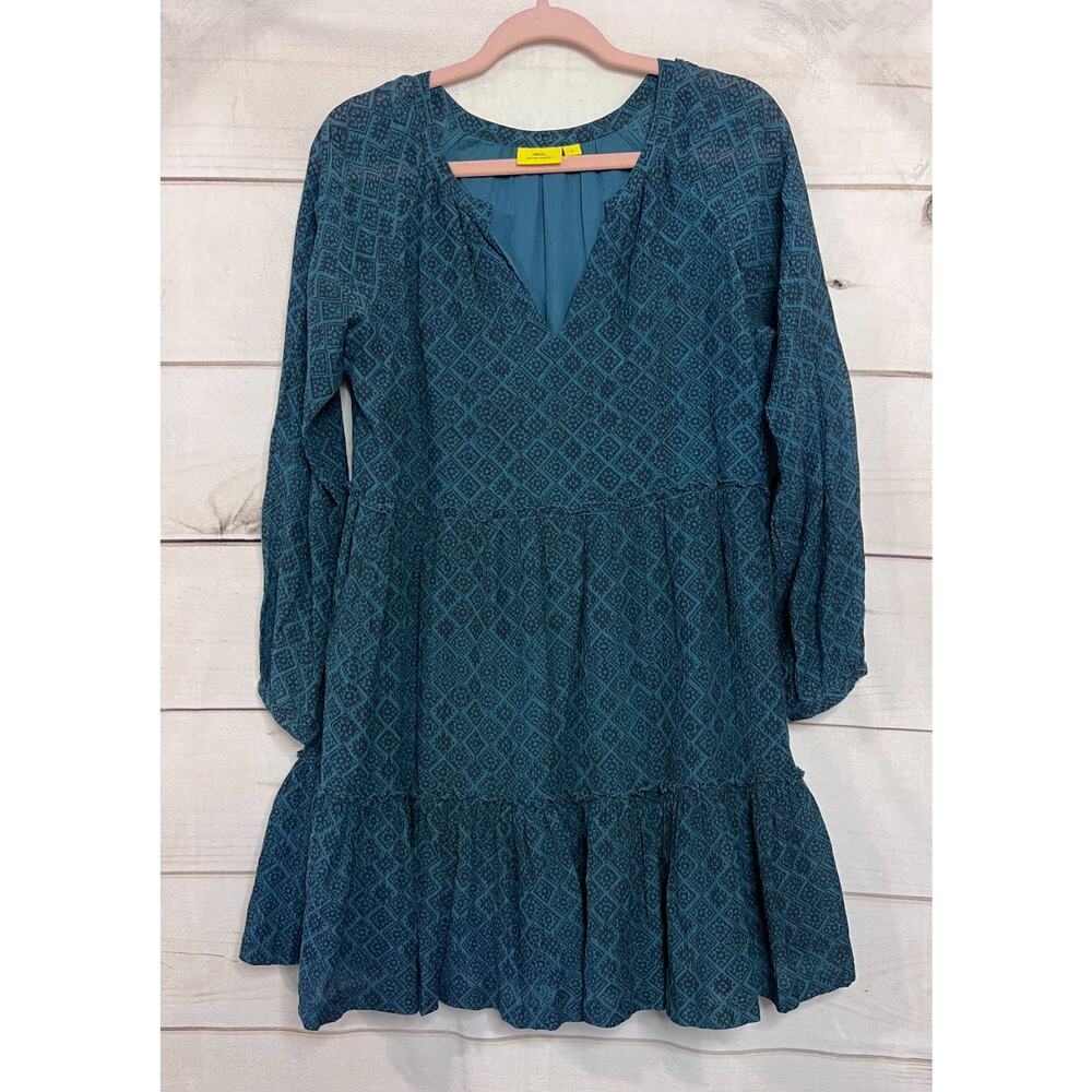 Roller Rabbit Dress‎ Size SM Boehmian Tiered Green Blue Long Sleeves